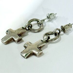 Vintage Taxco Mexico Sterling Silver Cross Dangle Earrings
